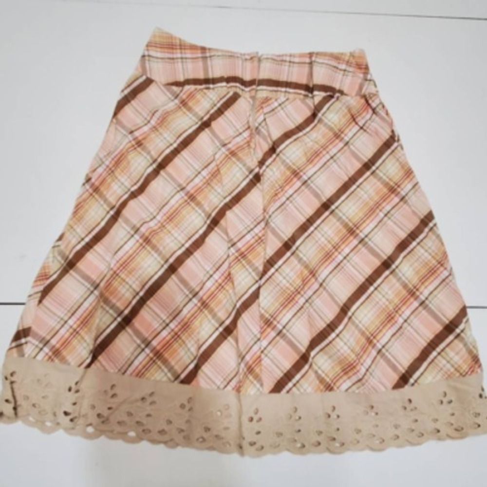 Womens A Line Skirt Pink Beige Brown Plaid Zipper Eyelets Lace Hem Retro 3/4